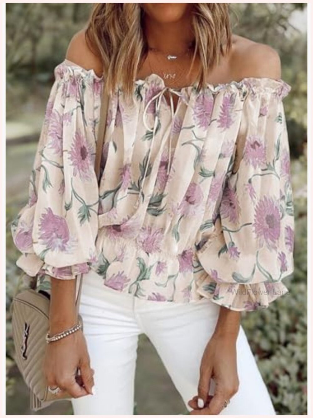 Off Shoulder Ruffle Sleeve Blouse Floral Chiffon Top - Picture 3 of 7